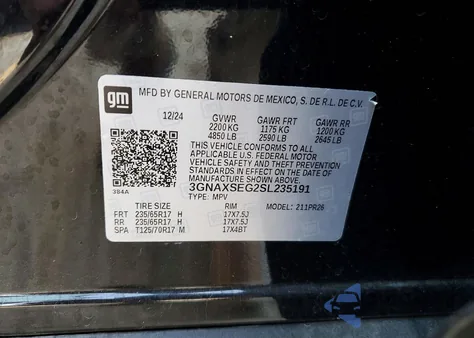 2025 Chevrolet Equinox Activ z USA, uszkodzony, nr VIN 3GNAXSEG2SL235191